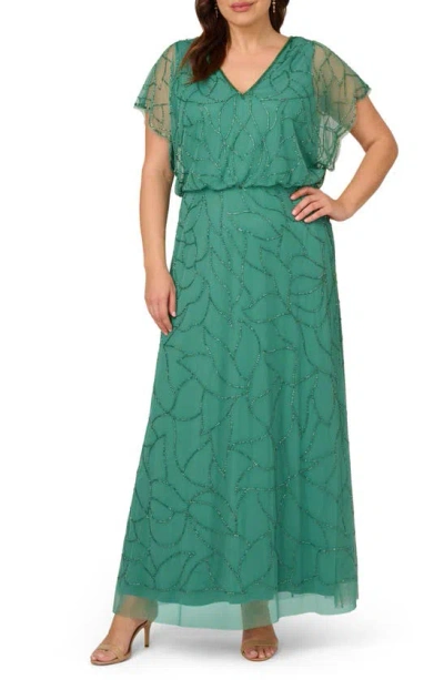 Adrianna Papell Beaded Mesh Blouson Gown In Jungle Green