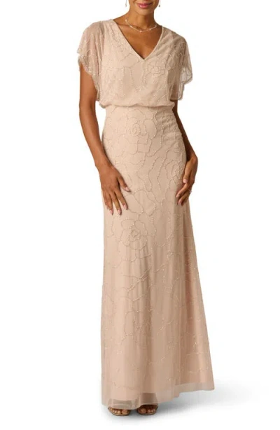 Adrianna Papell Short Sleeve Blouson Rose Floral Beaded Gown In Shell In Brown