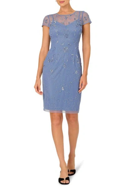 Adrianna Papell Beaded Mesh Cocktail Dress In Blue