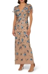 Adrianna Papell Beaded Mesh Column Gown In Brown