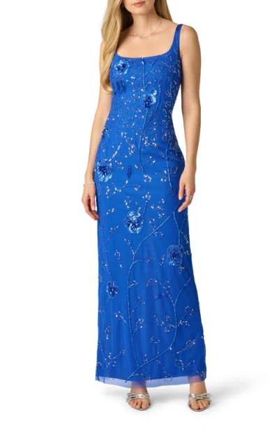 Adrianna Papell Sleeveless Floral Beaded Column Dress In Brilliant Sapphire In Blue