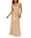 Adrianna Papell Beaded Mesh Flutter Sleeve Dress In Neutral
