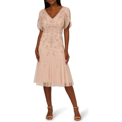 Adrianna Papell Beaded Mesh Godet Midi Cocktail Dress In Shell