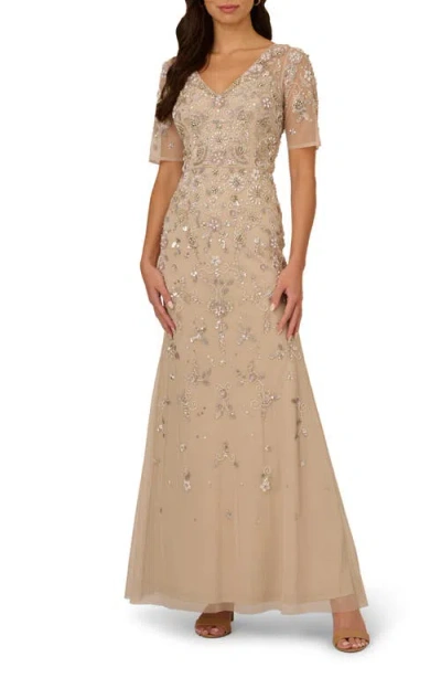 Adrianna Papell Beaded Mesh Gown In Biscotti