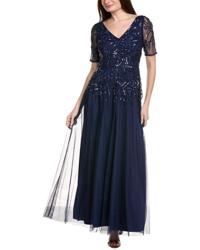 Adrianna Papell Beaded Mesh Gown In Blue