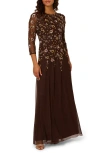 Adrianna Papell Beaded Mesh Gown In Brown
