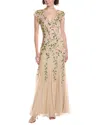 Adrianna Papell Beaded Mesh Flutter Sleeve Dress In Brown