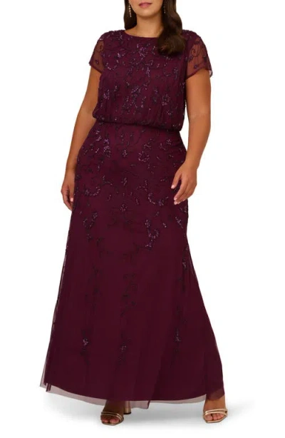 Adrianna Papell Beaded Mesh Gown In Cassis