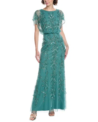 Adrianna Papell Beaded Blouson Bodice Mesh Gown In Green Slate