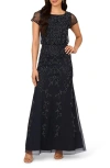 Adrianna Papell Beaded Mesh Gown In Midnight