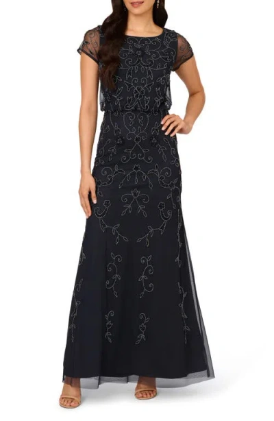 Adrianna Papell Beaded Mesh Gown In Midnight
