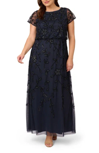Adrianna Papell Beaded Mesh Gown In Navy Black