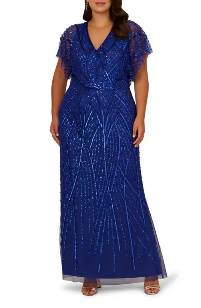 Adrianna Papell Beaded Mesh Gown In Ultra Blue