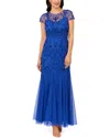 Adrianna Papell Beaded Mesh Illusion Godet Long Dress In Blue
