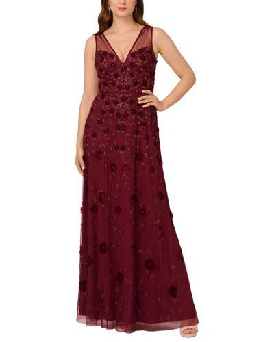 Adrianna Papell Velvet Floral Beaded Gown With Sheer Tank Straps In Mahogany In Multi