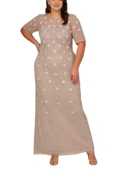 Pre-owned Adrianna Papell Beaded Mesh Sheath Dress (plus Size) In Marble