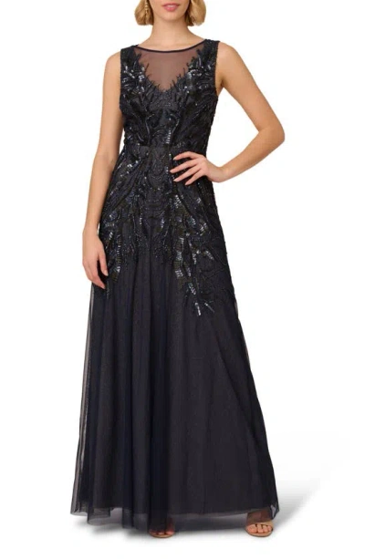 Adrianna Papell Beaded Metallic Sleeveless Mesh Gown In Navy Silver