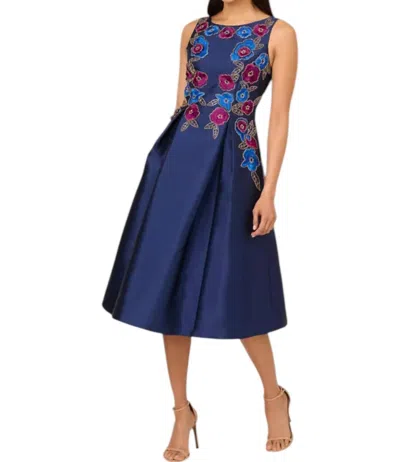Adrianna Papell Beaded Mikado Fit And Flare Dress In Floral Blue Navy