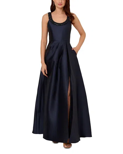 Adrianna Papell Sleeveless Beaded Mikado Fit And Flare Gown In Midnight In Blue