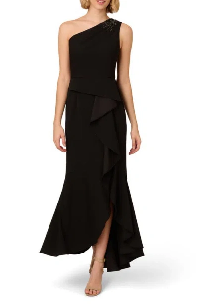 Adrianna Papell Beaded One-shoulder Crepe Gown In Black