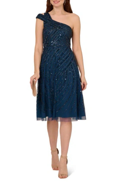 Adrianna Papell Beaded One-shoulder Dress In Deep Blue