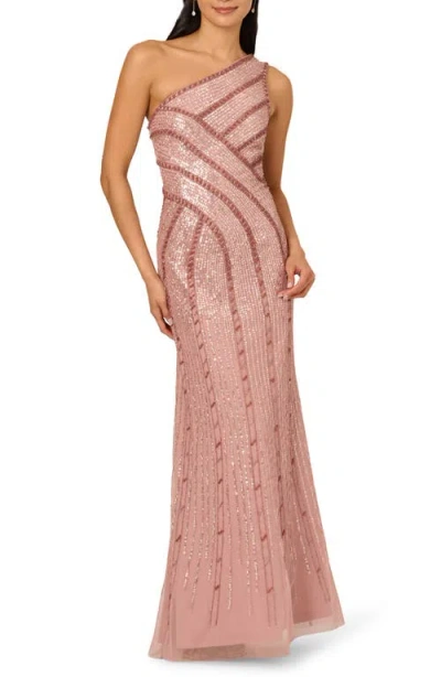Adrianna Papell Beaded One-shoulder Mesh Gown In Pink