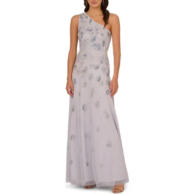 Adrianna Papell Beaded One-shoulder Trumpet Gown In Serenity