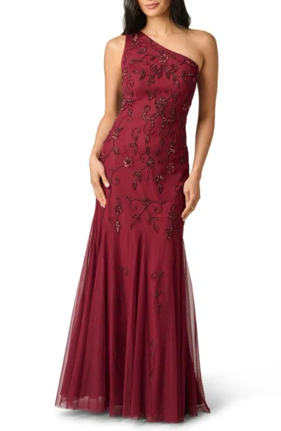 Adrianna Papell One Shoulder Scroll Floral Beaded Godet Gown In Mahogany In Red