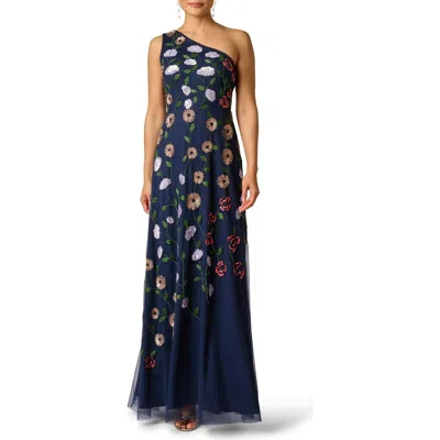 Adrianna Papell One Shoulder Floral Garden Beaded Gown In Navy Multi In Blue