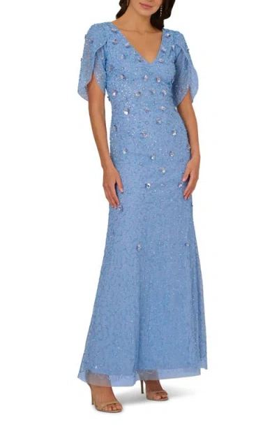 Adrianna Papell Beaded Petal Sleeve Evening Gown In Bluebell