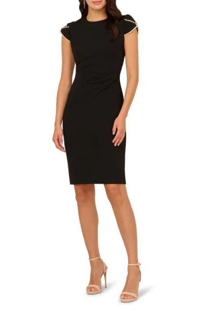 Adrianna Papell Beaded Petal Sleeve Sheath In Black