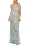 Adrianna Papell Beaded Plunge Long Evening Dress In White Jade In Multi