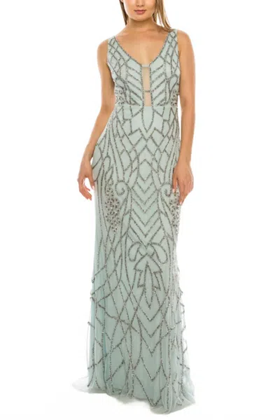 Adrianna Papell Beaded Plunge Long Evening Dress In White Jade In Multi