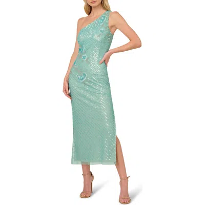 Adrianna Papell Beaded Sequin Floral One-shoulder Gown In Aqua Luster