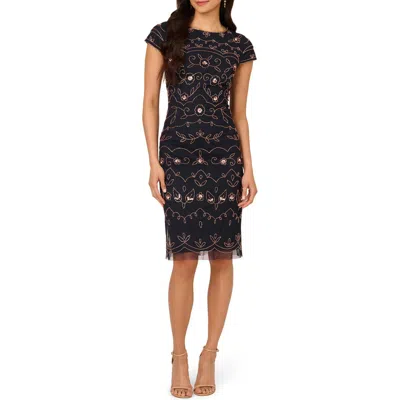 Adrianna Papell Beaded Sheath Cocktail Dress In Navy Rose Gold