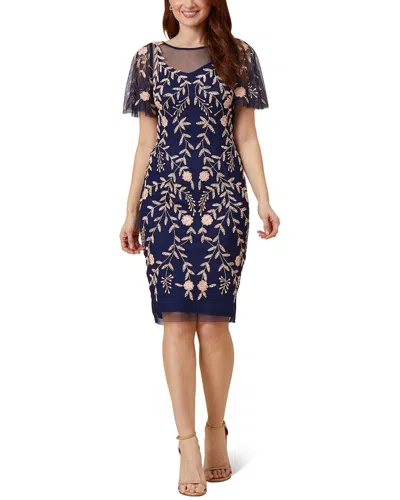 Adrianna Papell Floral Beaded Sheath Dress In Navy/blush