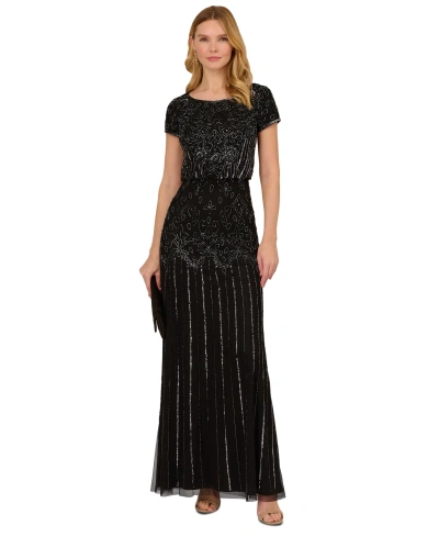 Adrianna Papell Beaded Short-sleeve Gown In Black Gunmetal