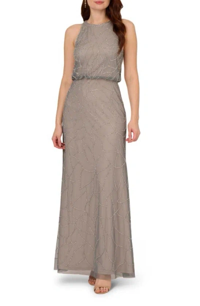 Adrianna Papell Beaded Sleeveless Blouson Gown In Pewter Silver