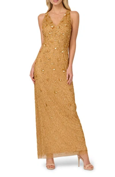 Adrianna Papell Beaded Sleeveless Column Gown In Brown