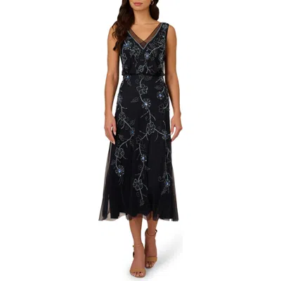 Adrianna Papell Beaded Sleeveless Midi Dress In Midnight Multi