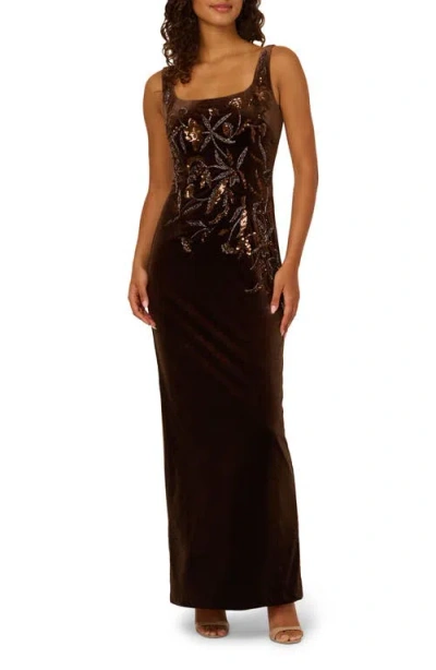 Adrianna Papell Beaded Sleeveless Velvet Gown In Brown