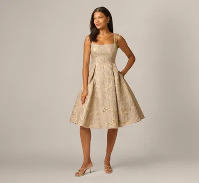Adrianna Papell Beaded Square Neck Metallic Fit And Flare Midi Dress In Mink In Neutral