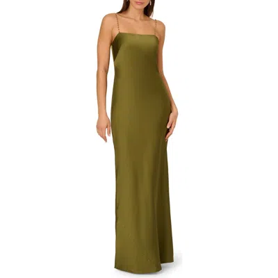 Adrianna Papell Beaded Strap Satin Gown In Green