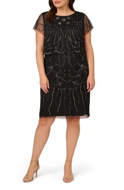 Adrianna Papell Beaded Cocktail Dress In Black/gunmetal