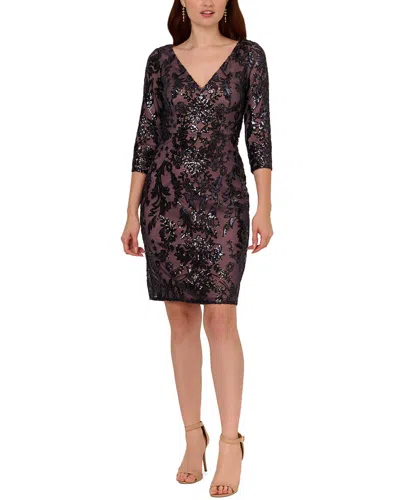 Adrianna Papell Beaded V-neck Short Dress In Navy Rose Gold