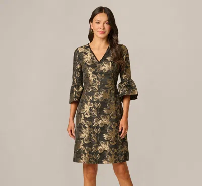 Adrianna Papell Bell Sleeve Floral Jacquard Beaded V Neck Dress In Black Gold In Animal Print