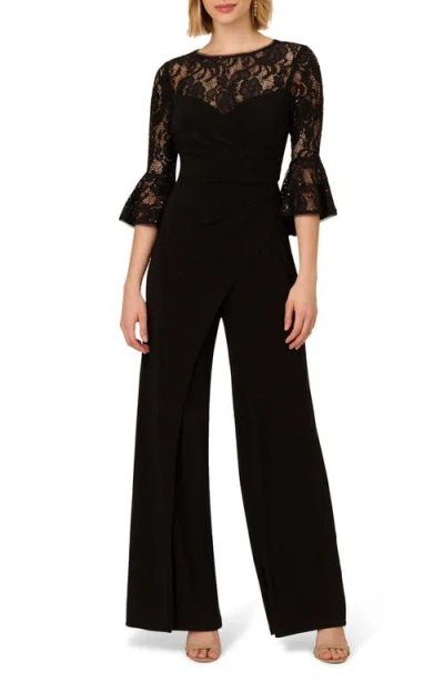 Adrianna Papell Bell Sleeve Lace & Jersey Jumpsuit In Black