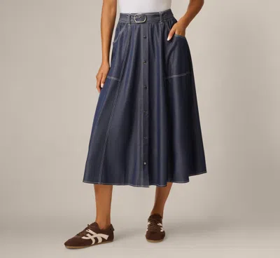 Adrianna Papell Belted A Line Midi Skirt In Washed Denim Cream In Blue