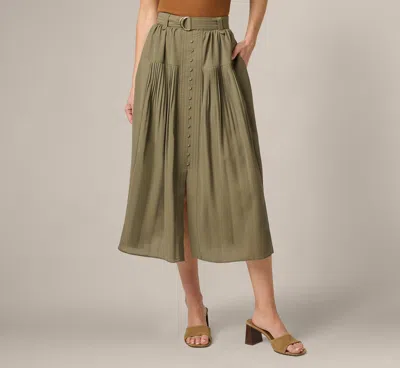 Adrianna Papell Belted A Line Pleated Midi Skirt In Olive Tree In Green