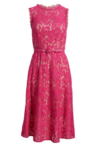 Adrianna Papell Belted Sleeveless Lace Midi Dress In Pink